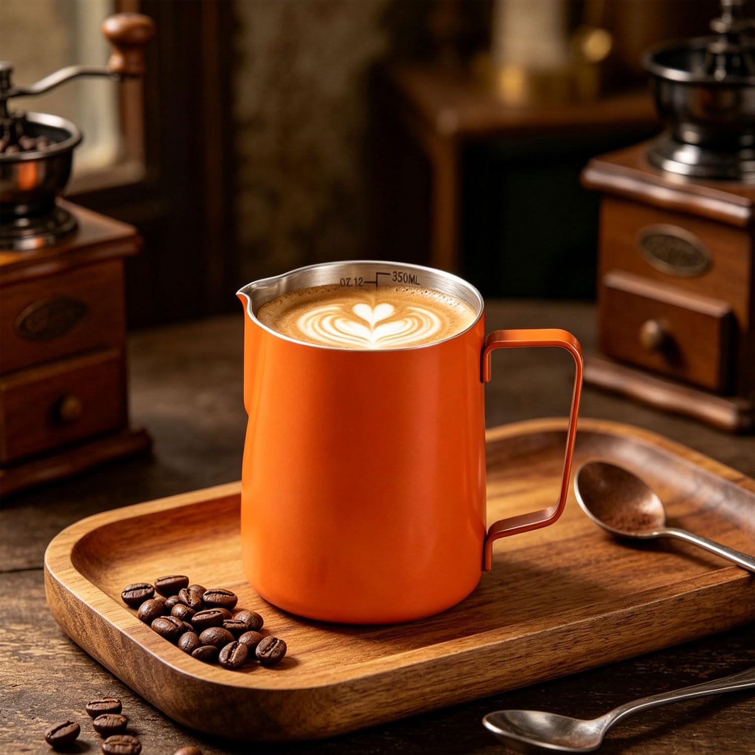 Dzbanek do spieniania mleka do ekspresu do kawy, 600 ml, dzbanek do spieniania mleka ze stali nierdzewnej 304, ze skalą pomiarową, styl baristy, do cappuccino latte i espresso, pomarańczowy