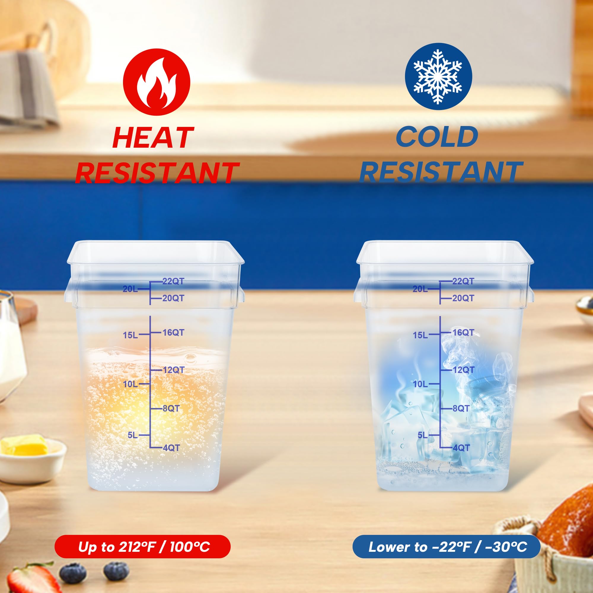 Lot de 4 boîtes de conservation alimentaire carrées en polycarbonate avec couvercles, 22 litres, NSF, transparent, nouvelle version