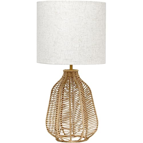 Elegant Designs LT2106-NAT 21" Tall Boho Coastal Inspired Rustic Paper Rope Rattan Wicker Look Standard Table Desk Nightstand Lamp with Light Beige Fabric Linen Shade, Natural