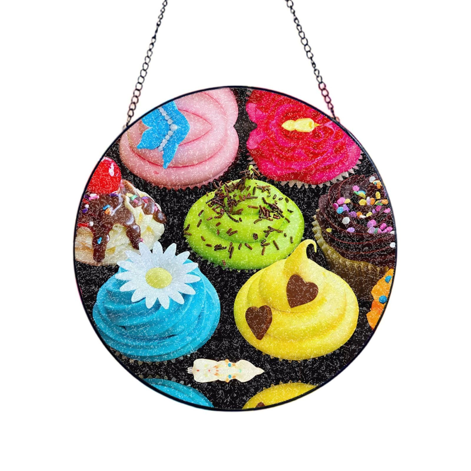 Phayah Cupcake Print Stained Glass Window Hanging Suncatcher For Door Terrace Garden Home Decor Sun Catcher Birthday Gifts For Lovers Dad Mom 12in（30cm）