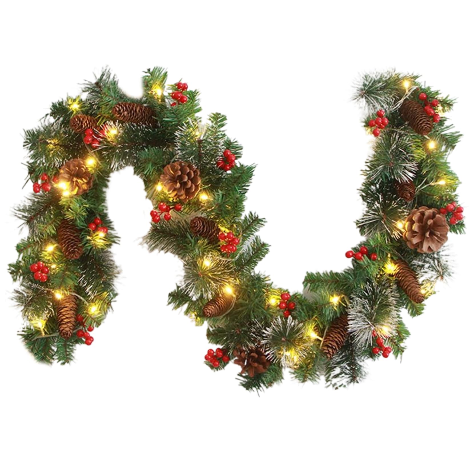 Dbvnnsy 1.8M 6Ft Prelit Christmas Garland With 30 Led Warm White Lights, Artificial Pinecone And Red Berry Wreath Garland, Battery-Operated Holiday Mantel & Staircase Decor