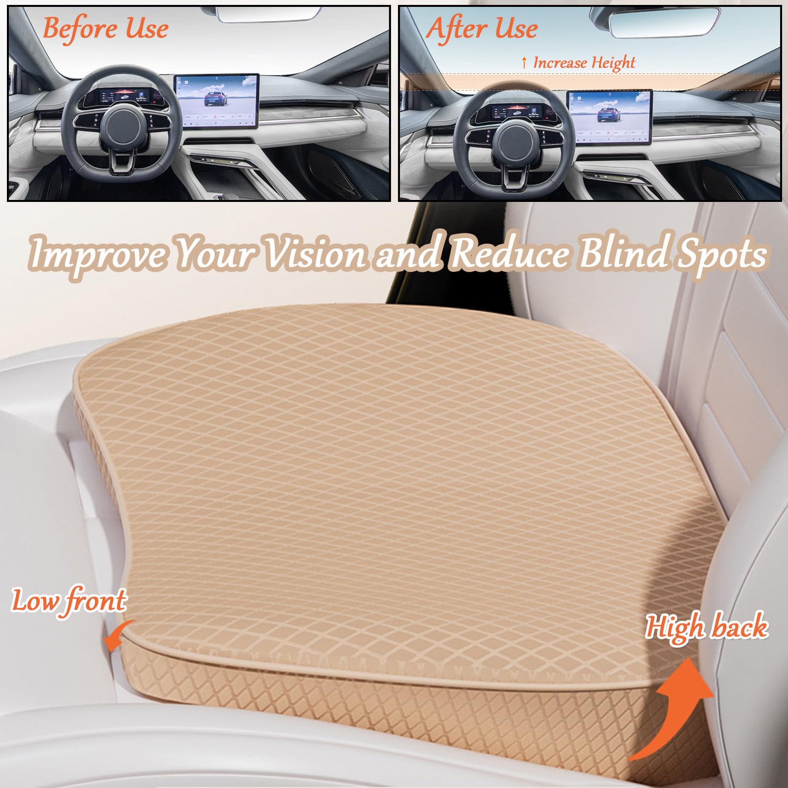 2 in 1 Cuscino Sedile Auto Guidatore o Cuscino Lombare - Cuscino Rialzo Sedile Auto di Memory Foam da 8 cm - Cuscino Seggiolino Auto Comfort Cuscino per Auto Seduta Guidatore, Beige