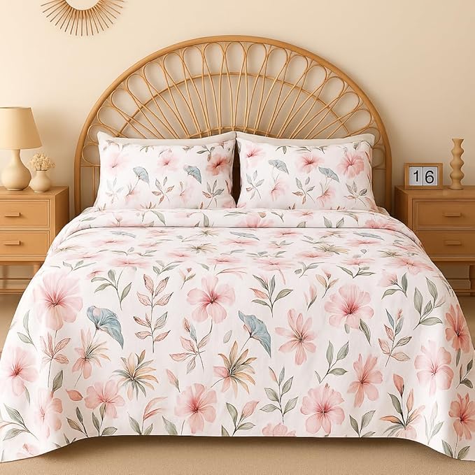 BSB HOME 100% Cotton CloudTouch Double Bed Bedsheet Set | 144 TC Soft & Breathable | Baby Pink & Pastel Floral Design with 2 Pillow Covers | Wrinkle Free | for Bedroom (90 x 90 Inches)