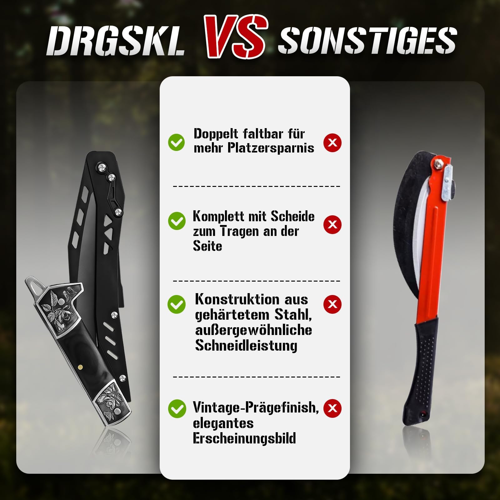 DRGSKL Faltbar Sense mit Scheide Schwarze Outdoor Klappbare Sichel für Gras und Unkraut Retro Sharp Sichel Garten Geschenk für Männer Einzige Klinge