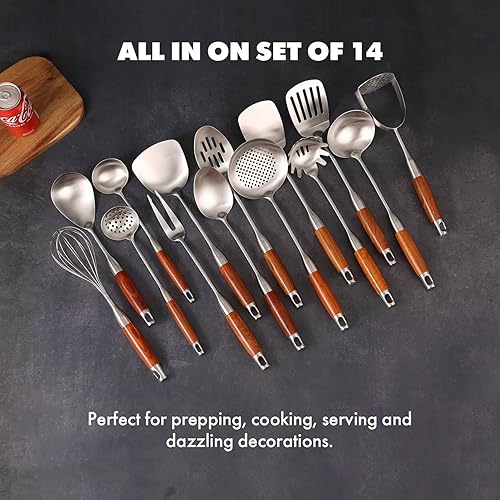 Miniatura 6 de Juego de utensilios de cocina de acero inoxidable 1810 con mango de madera, 14 herramientas de cocina de metal y utensilios para servir, juego de