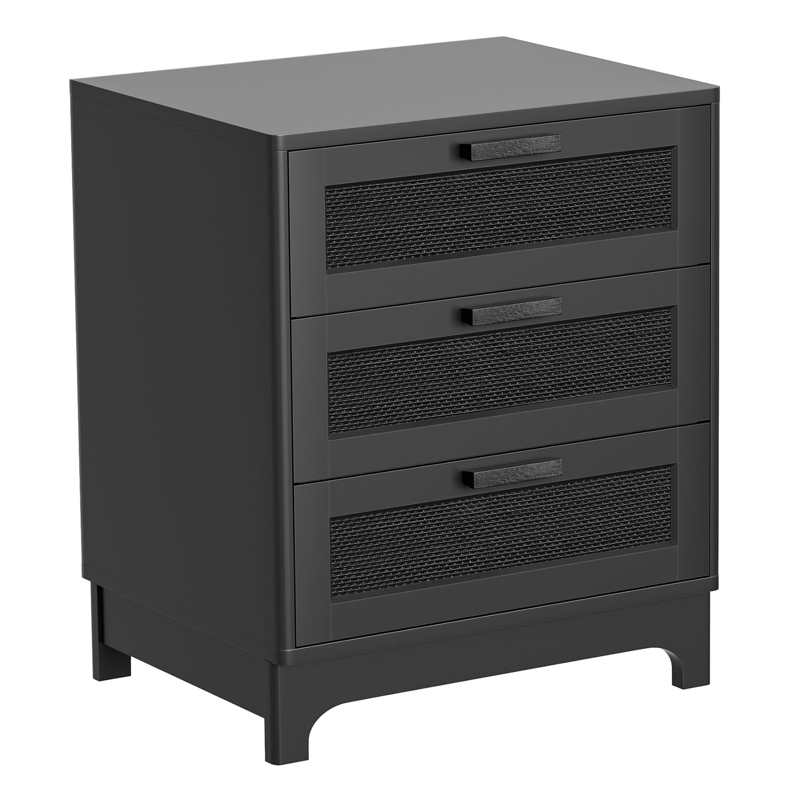 Anmytek Rattan Nightstand with 3 Drawers, Farmhouse Night Stand with Nature Rattan Storage Drawers, Black Wood Bedside Table Sofa End Side Table for