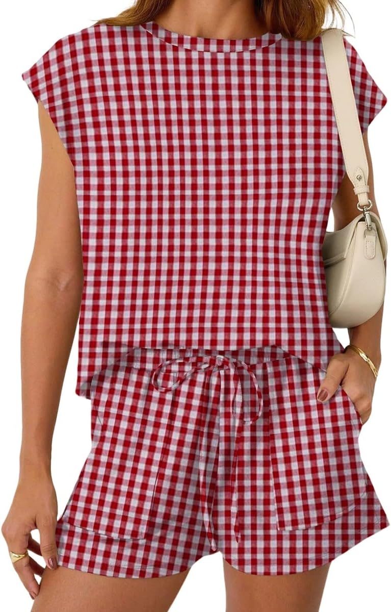 NIFTRIRY 2 Piece Sets for Women Crew Neck Cap Sleeve Top and Wide Leg Shorts Casual Outfits Lounge Wear