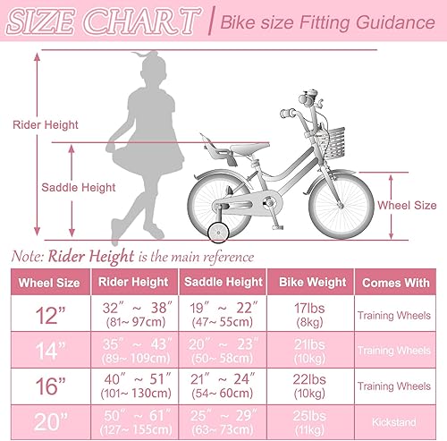 Miniatura 6 de XJD Bicicleta para niñas de 2 a 12 años de edad, bicicleta para niños de 12 a 20 pulgadas, con ruedas de entrenamiento y cesta Rosa,Flor Rosa,Rosa