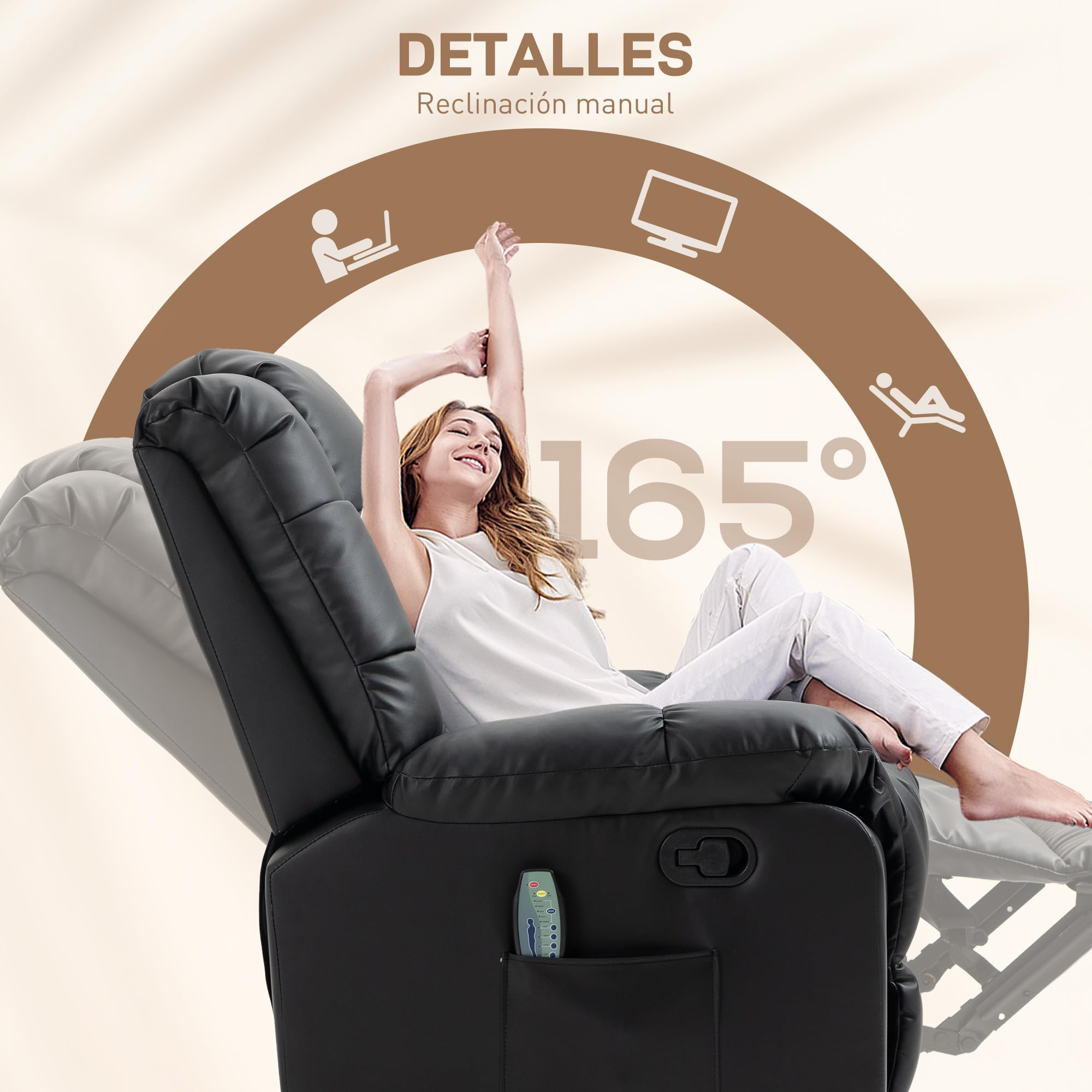 HOMCOM Sillón de Masaje, Sillón Relax Reclinable con 8 Puntos de Masaje, Mando a Distancia, Tapizado en PU, Reposapiés, Bolsillo Lateral, Butaca para Salón, Dormitorio, Negro