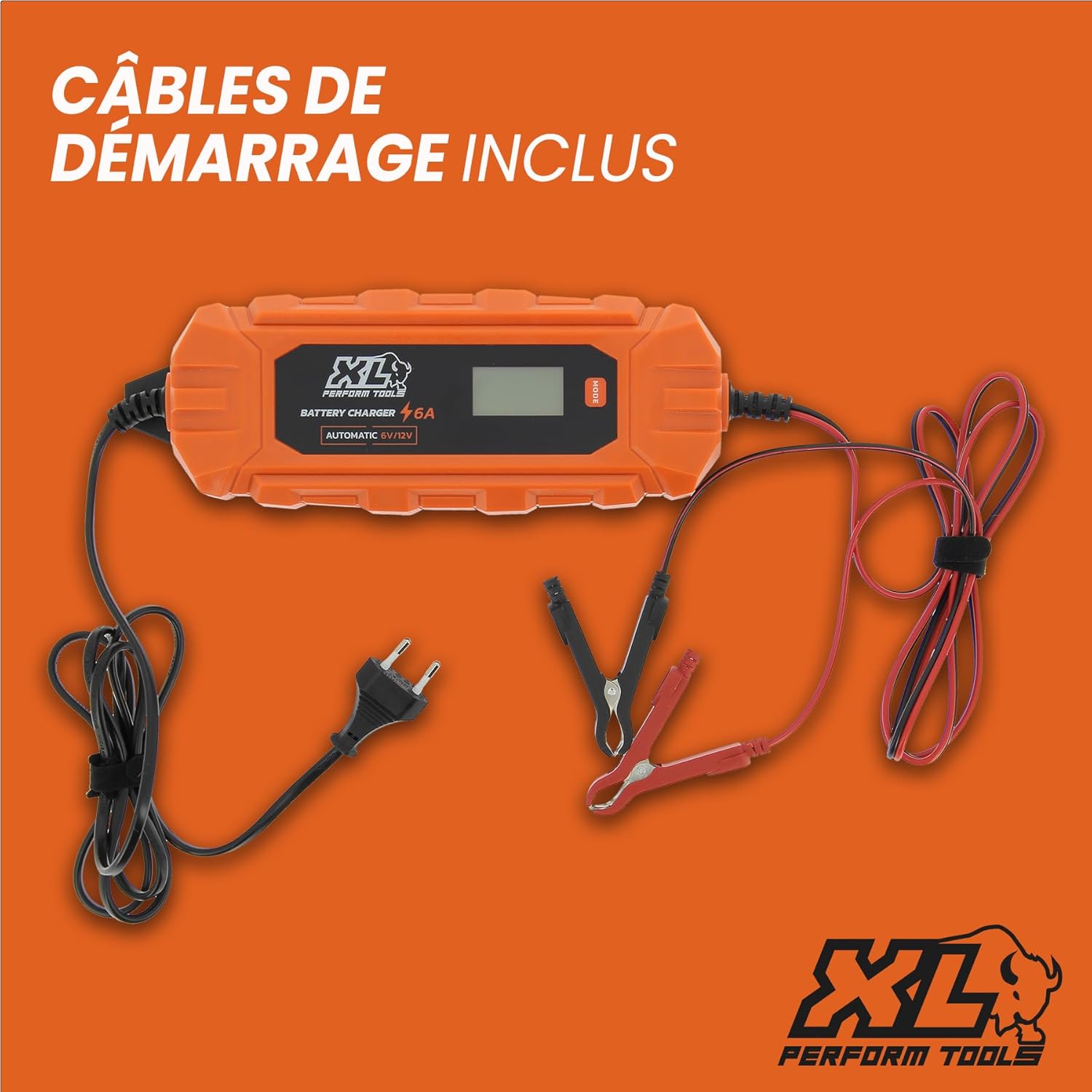 XL Perform Tools 553997 Battery Charger with included battery clamps and power cord