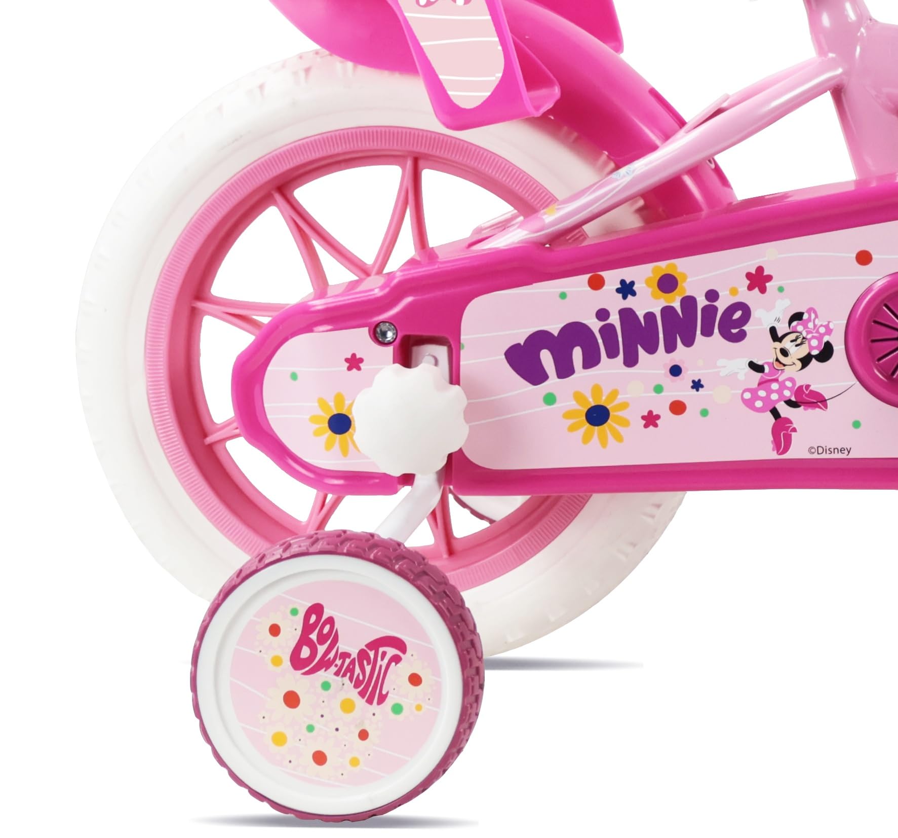 Disney Bicicletta da bambino 12' Minnie dotata di 1 freno, cestino anteriore, porta bambola posteriore, parafanghi, carter e stabilizzatori rimovibili senza attrezzi.