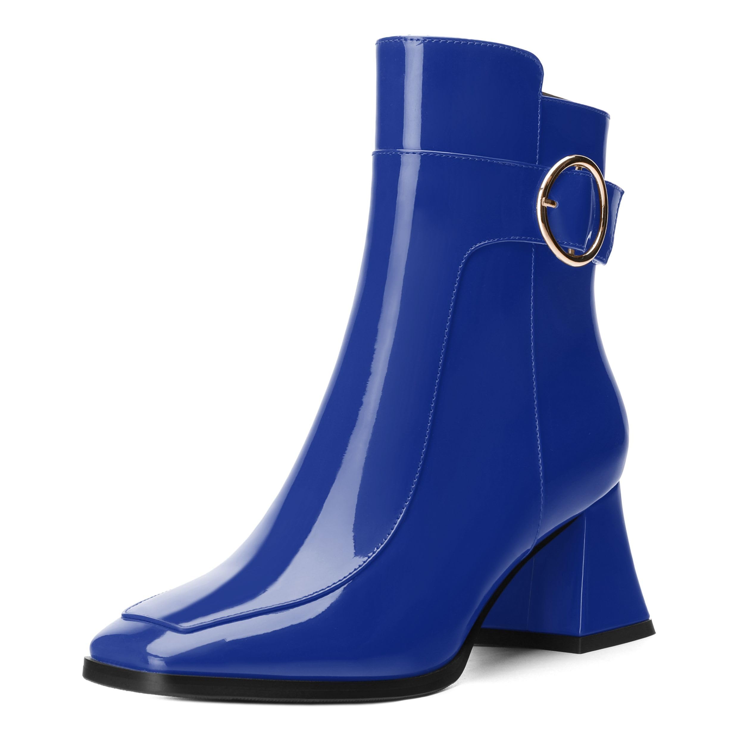 RLYGHWAO Women's Black Square Toe Mid Heel Ankle Booties with Side Zipper, Fashion Buckle Strap Ankle Boots for Women