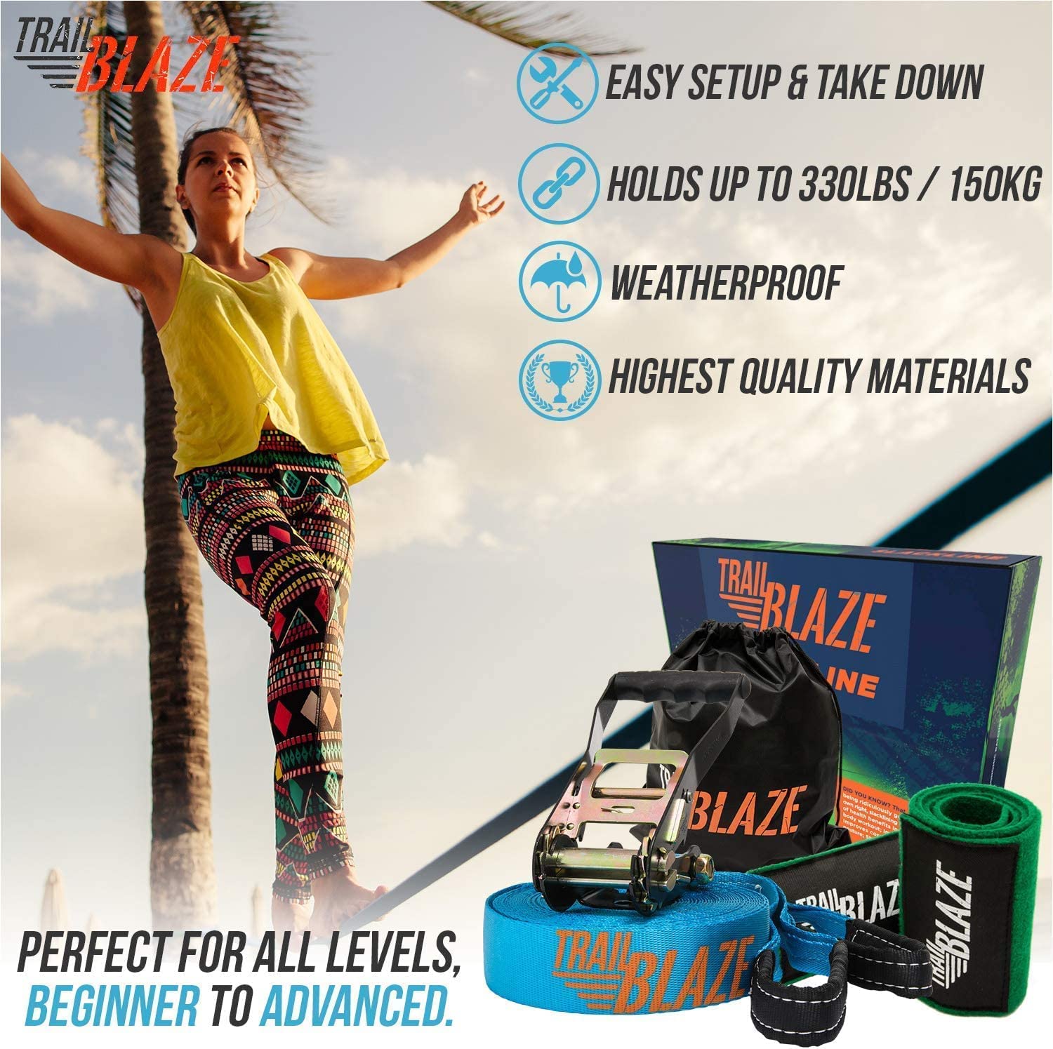 TRAILBLAZE Kit Slackline Completo – Con Protezioni Alberi + Sacca Porta Slackline - Installazione Facile - Kit per Principianti da 15m per Camminate e Equilibrismo