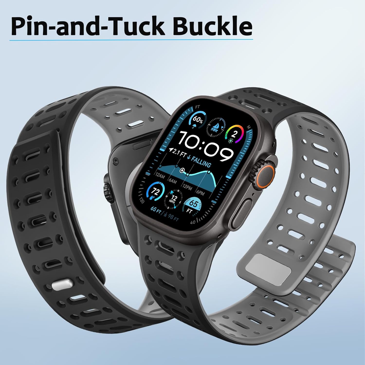 Amizee Compatible with Apple Watch Band 49/46/45/44/42/41/40/38mm Men, Silicone Breathable Magnetic Strap for iWatch Ultra 3/2/1 Series 11 10 9 8 7 6 5 4 SE3/2/1 (49/46/45/44/42mm, Black Gray) - Image 2