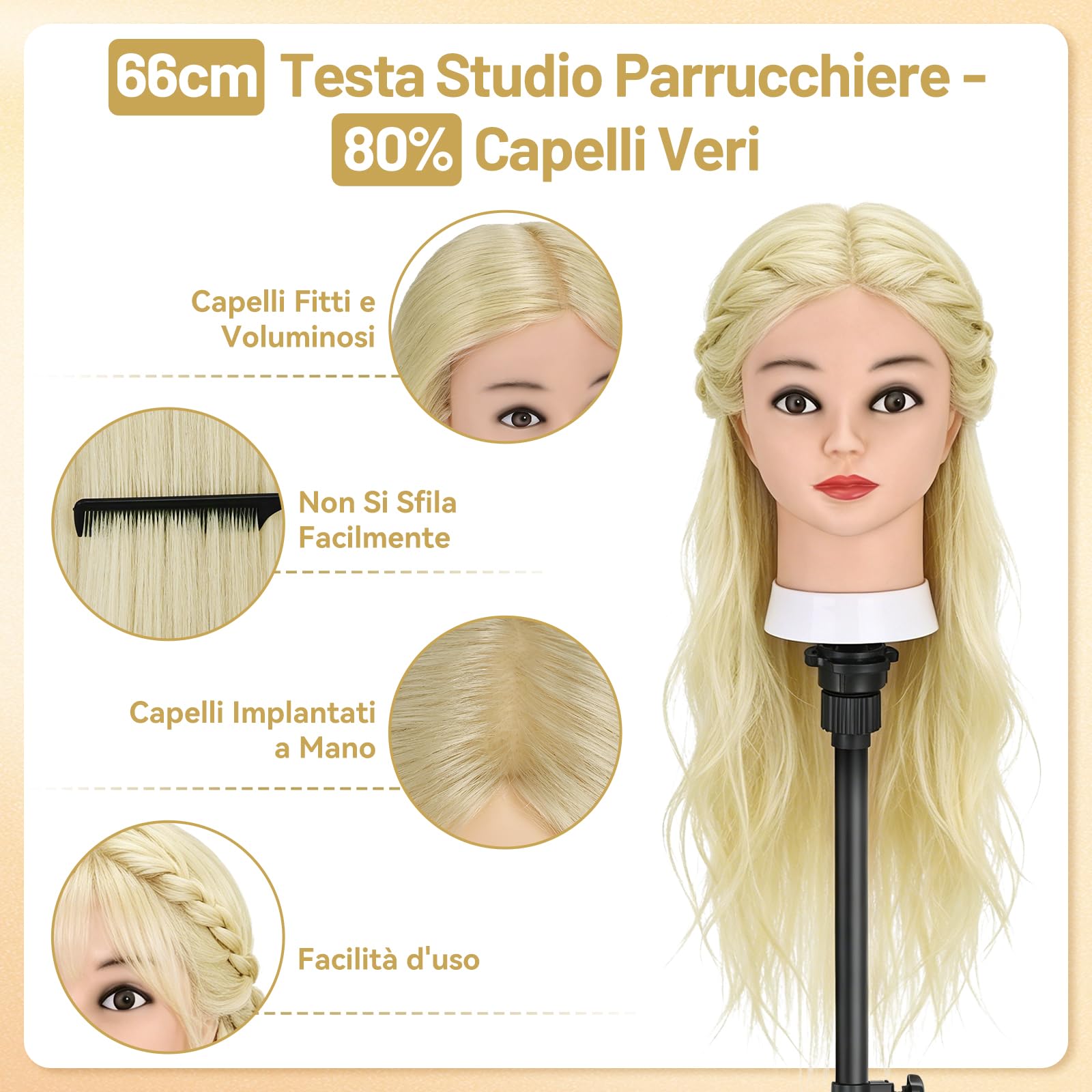 TwoWin Testina Parrucchiere con Capelli 80% Naturali - 26 Pollici /66 cm Manichino per Formazione Acconciature con Morsetto e Kit Extension (Biondo) - 3