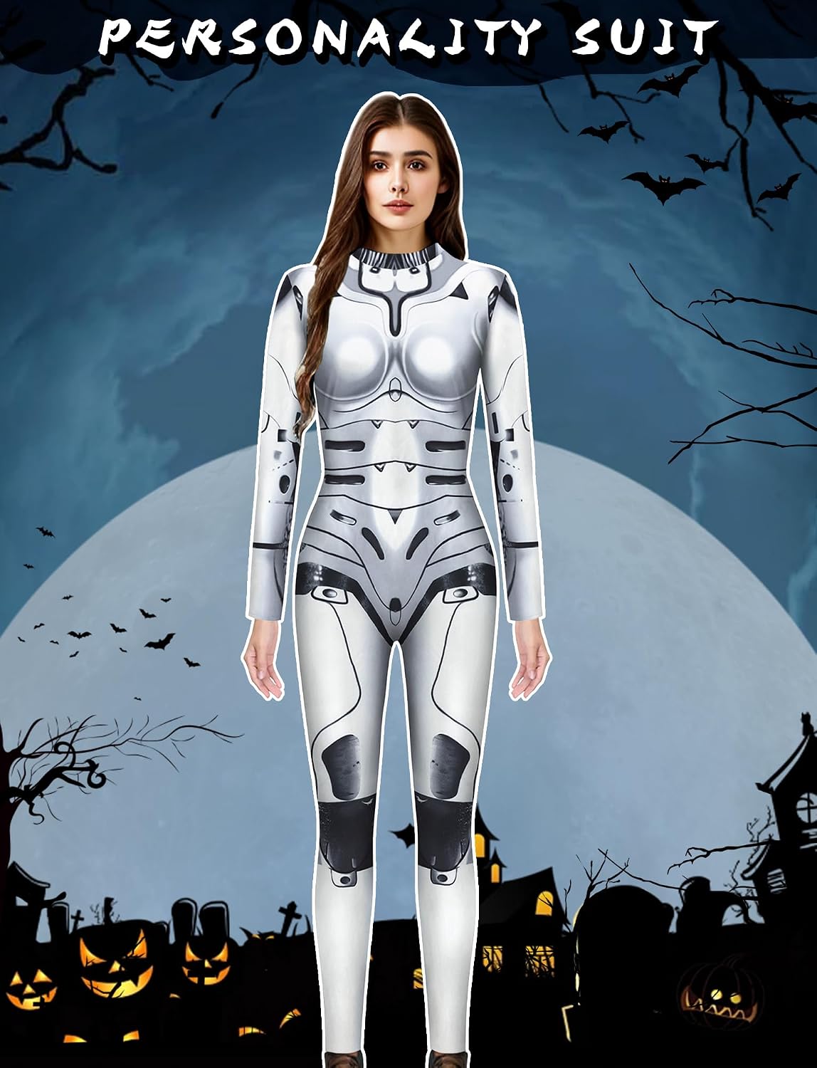 FEOYA Women Halloween 3D Print Jumpsuit Cosplay Costume Skeleton Mechanical Full Bodysuit