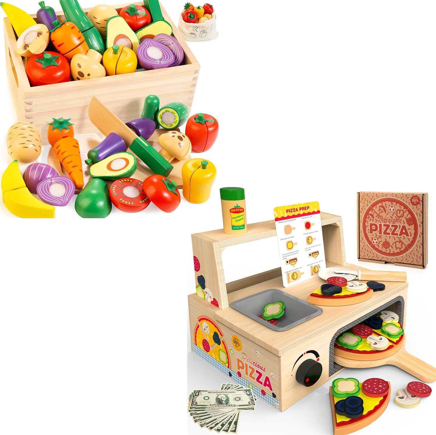 Fruit Cutting Toys + Wooden Pizza Toy, Play Food Bundle