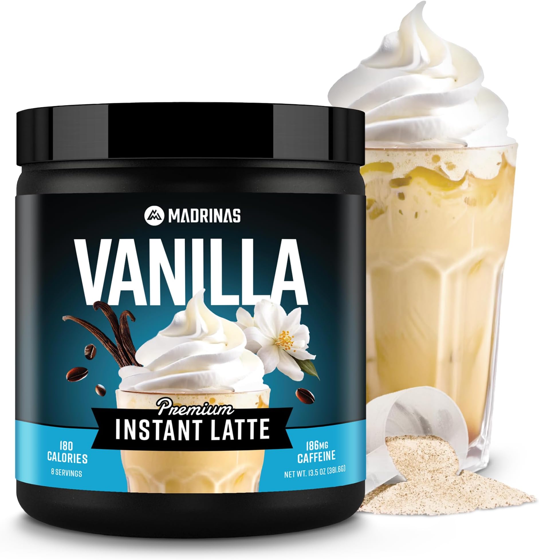 Premium All-Natural Vanilla Flavored Instant Coffee Cold Brew Latte Mix - 8 Servings - High Caffeine, Rich & Flavorful, Gluten-Free, Convenient | MADRINAS