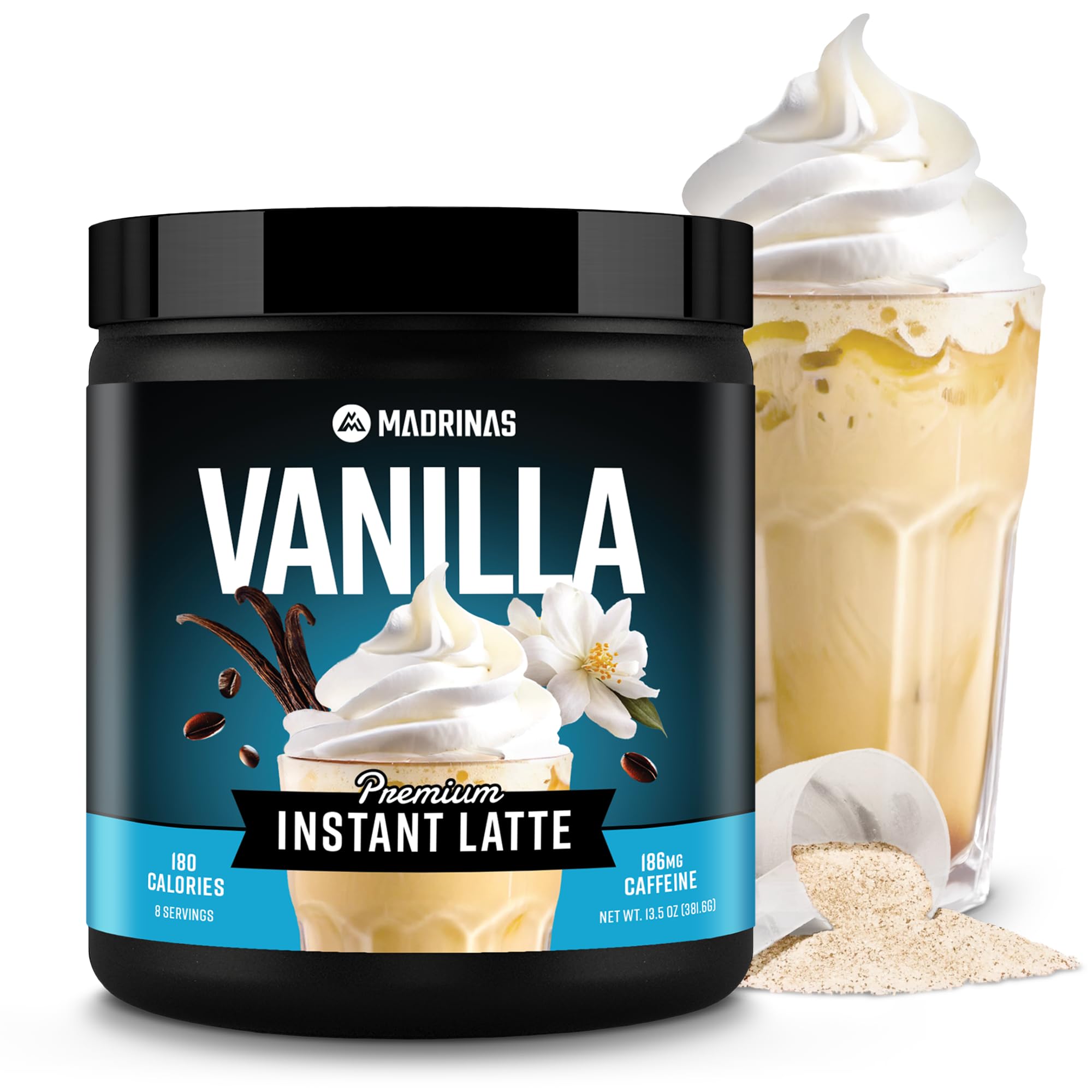 Premium All-Natural Vanilla Flavored Instant Coffee Cold Brew Latte Mix - 8 Servings - High Caffeine, Rich & Flavorful, Gluten-Free, Convenient | MADRINAS