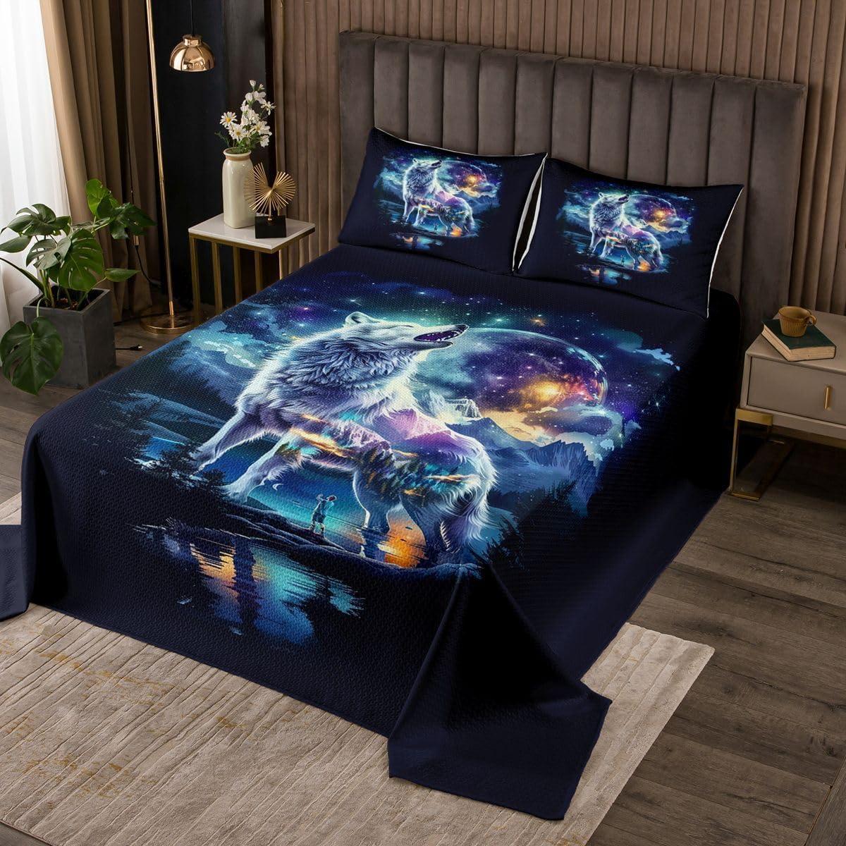 jejeloiu Wolf Bedspread Queen Size Mountain Moon Wolf Coverlet Set Animal Wolves Quilted Coverlet for All Season with 2 Pillowcases Wildlife Microfiber Lightweight