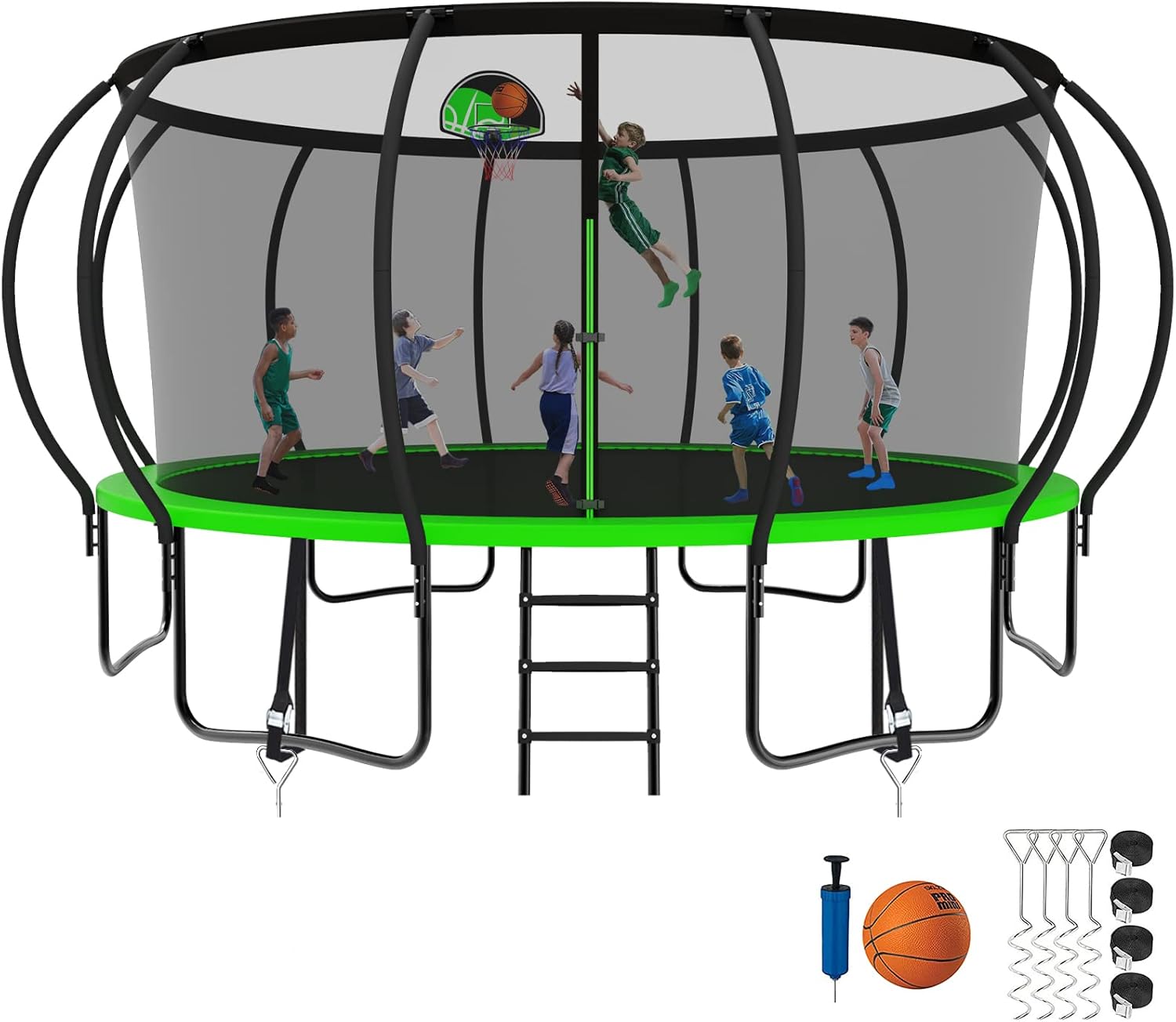 SKYUP 2025 Upgraded 15 FT 1500lbs Tranpoline for Kids and Adults, Recreational Tranpoline with Basketball Hoop, ASTM Approved Tranpoline for 7-10 Kids with Net, Ladder, Wind Stakes, Mat