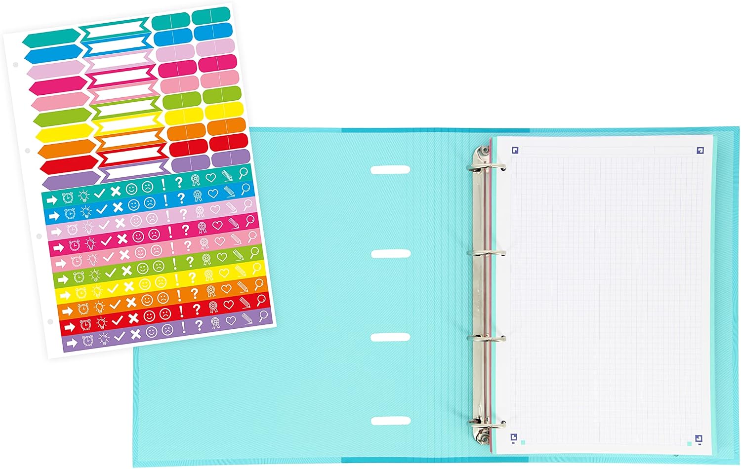 Oxford, 4 Ring Binder A4, Hard Cover, Elastic Closure, Refill 5 x 5 Grid and 5 Colour Strips, Sticker Sheet, Blue Touch - Image 3