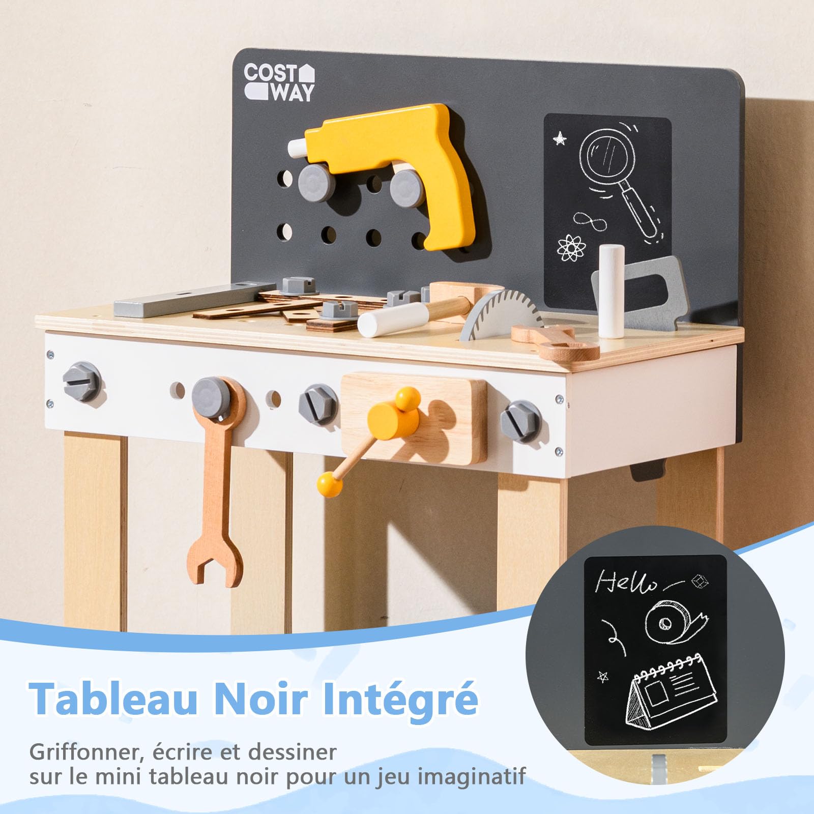 COSTWAY Jouets d'établi à Outils en Bois Enfant avec 8 Outils & 28 Accessoires, Jouet Bricolage Enfants avec Tableau Noir & Étagère Inférieure, Jeu Établi du Bricoleur pour Enfant de 3 Ans+