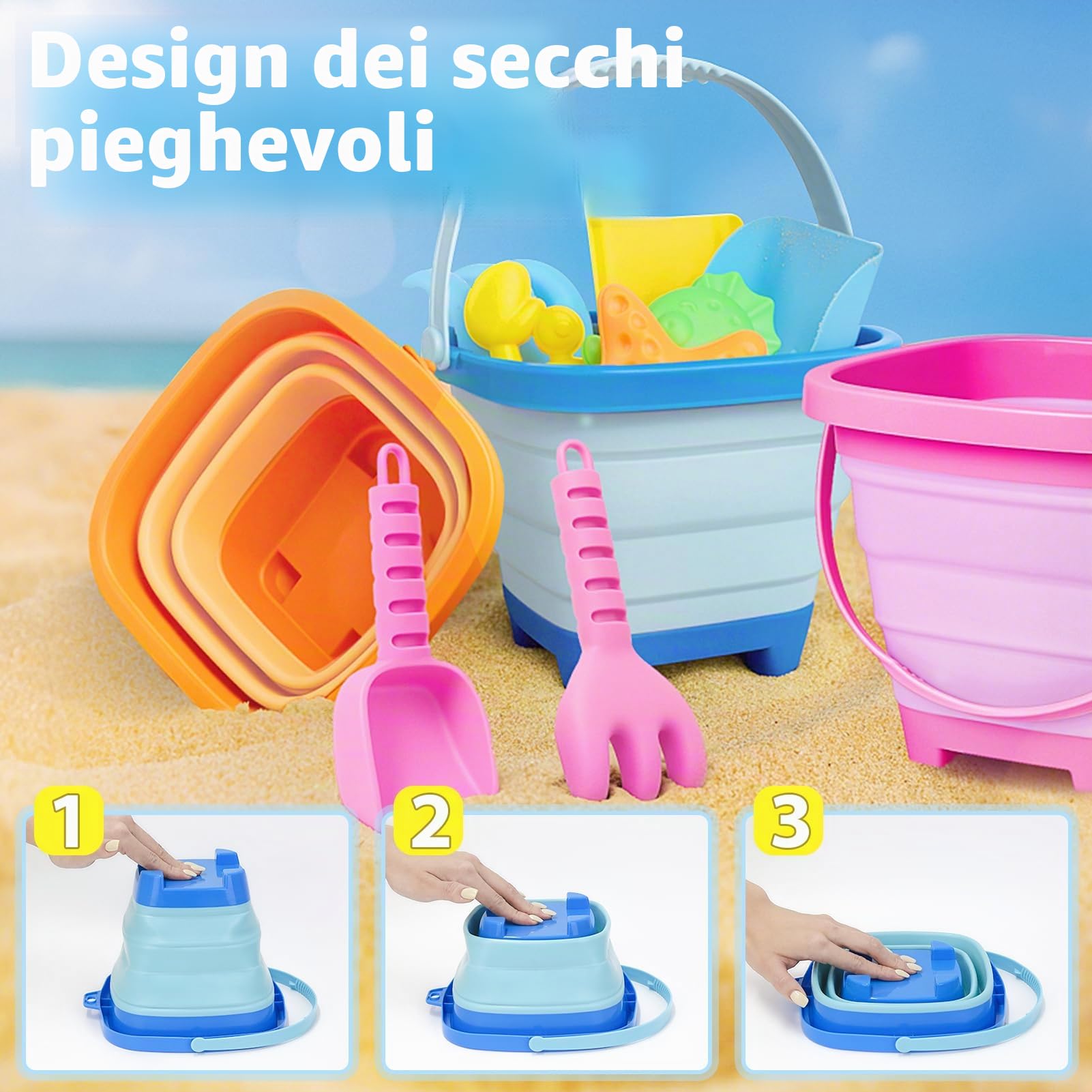 Dreamon Giochi Spiaggia Bambini, Giocattoli di Sabbia da Viaggio con Secchiello Pieghevole Bambini, 14 PCS Giocattoli da Spiaggia per Bambini Ragazzi Ragazze