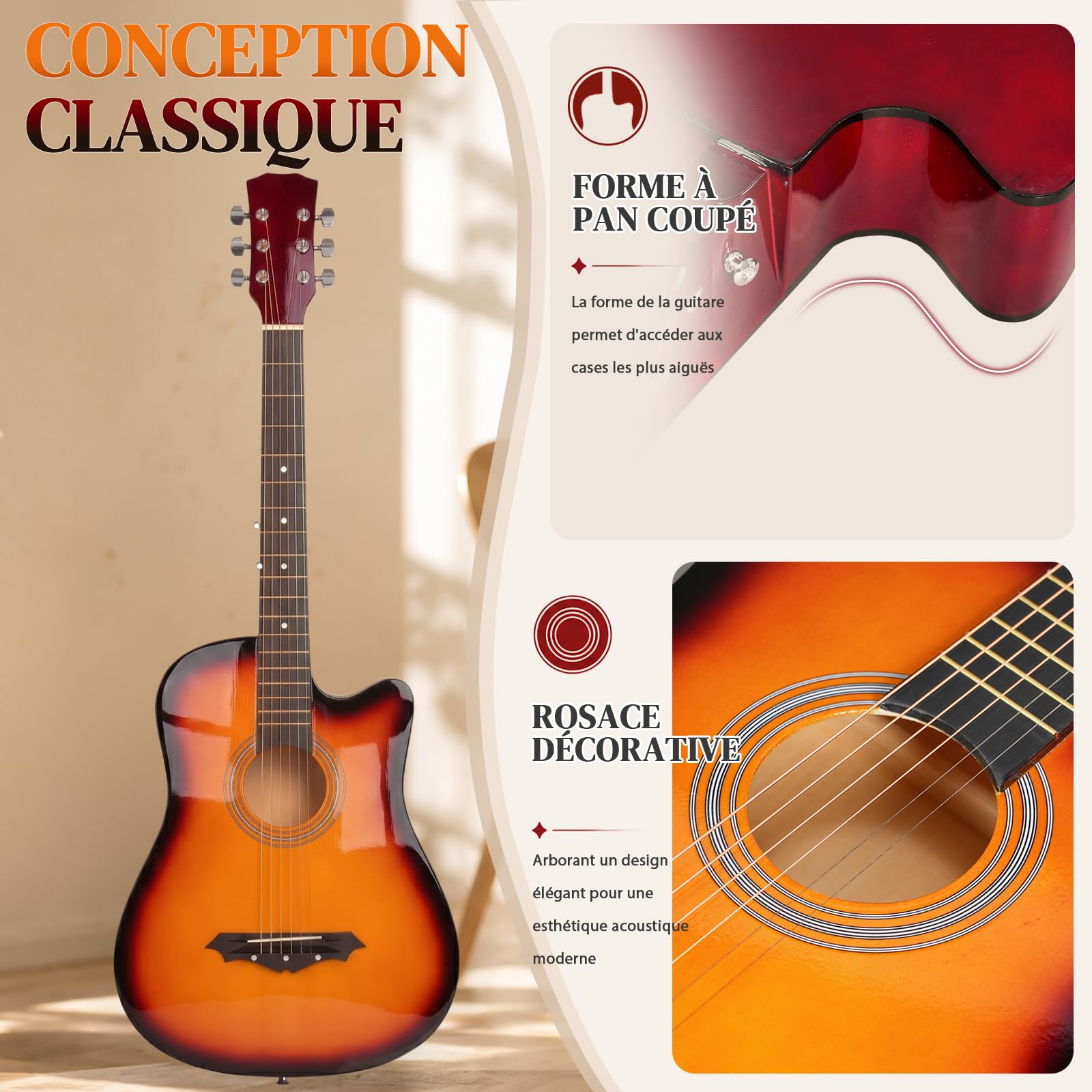 LEADZM Guitare Classique Débutants, 38 Inch, Cordes en Nylon (Feu)