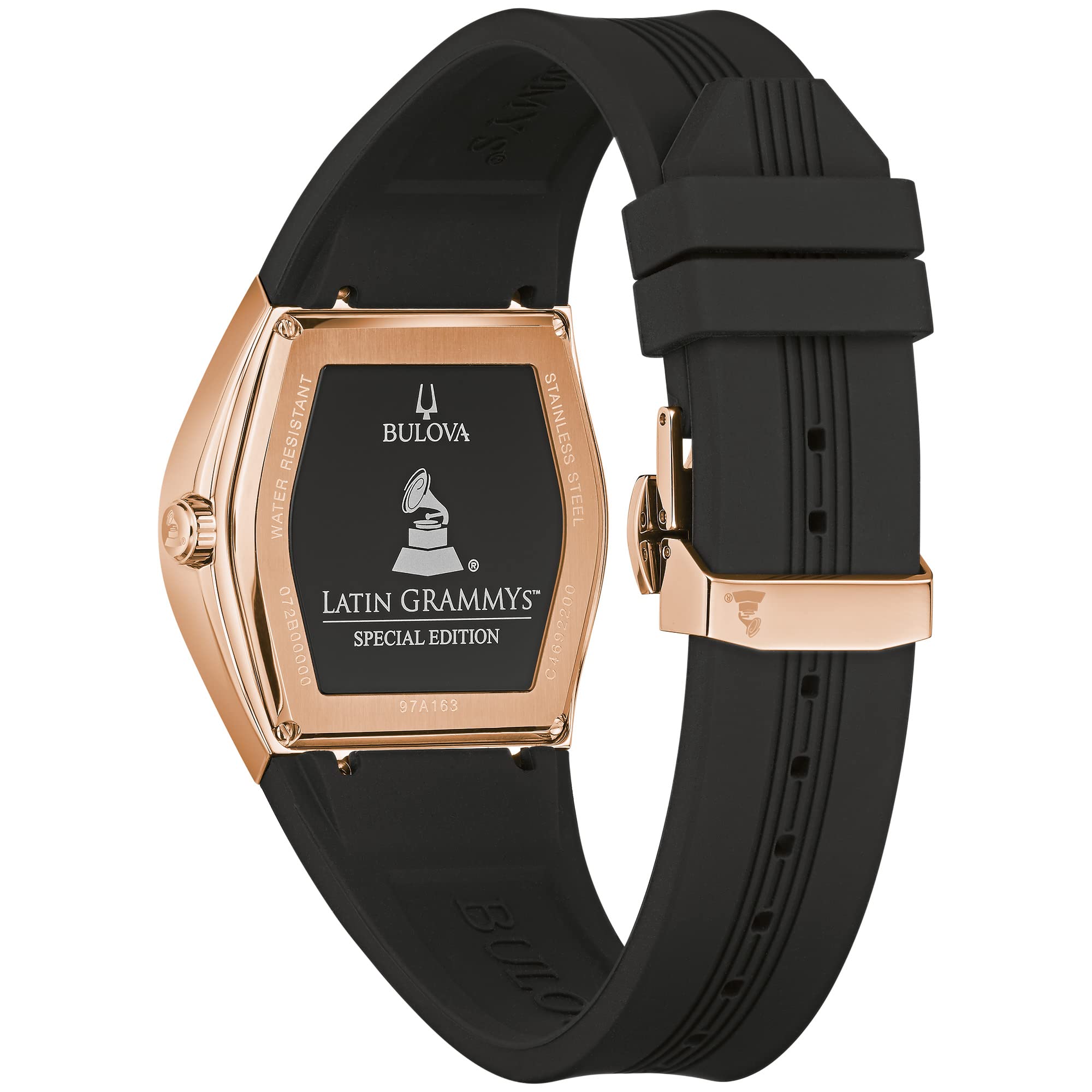 Bulova Latin Grammy Gemini Quartz Rose Gold Stainless Steel Accent with Curved Mineral Crystal and Black Silicone Strap Watch, Mens