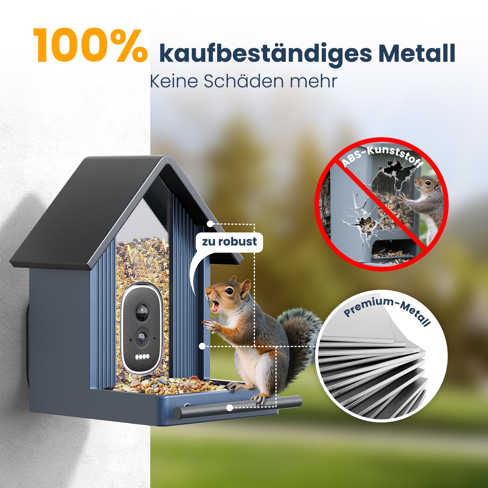Intelligenter vogelhaus mit Kamera, 2,5K-UHD-Kamera, solarbetrieben, präzise KI-Erkennung, sofortige Benachrichtigungen und Videoaufzeichnung, wasserdicht nach IP66 für den Außenbereich, Metal Blau