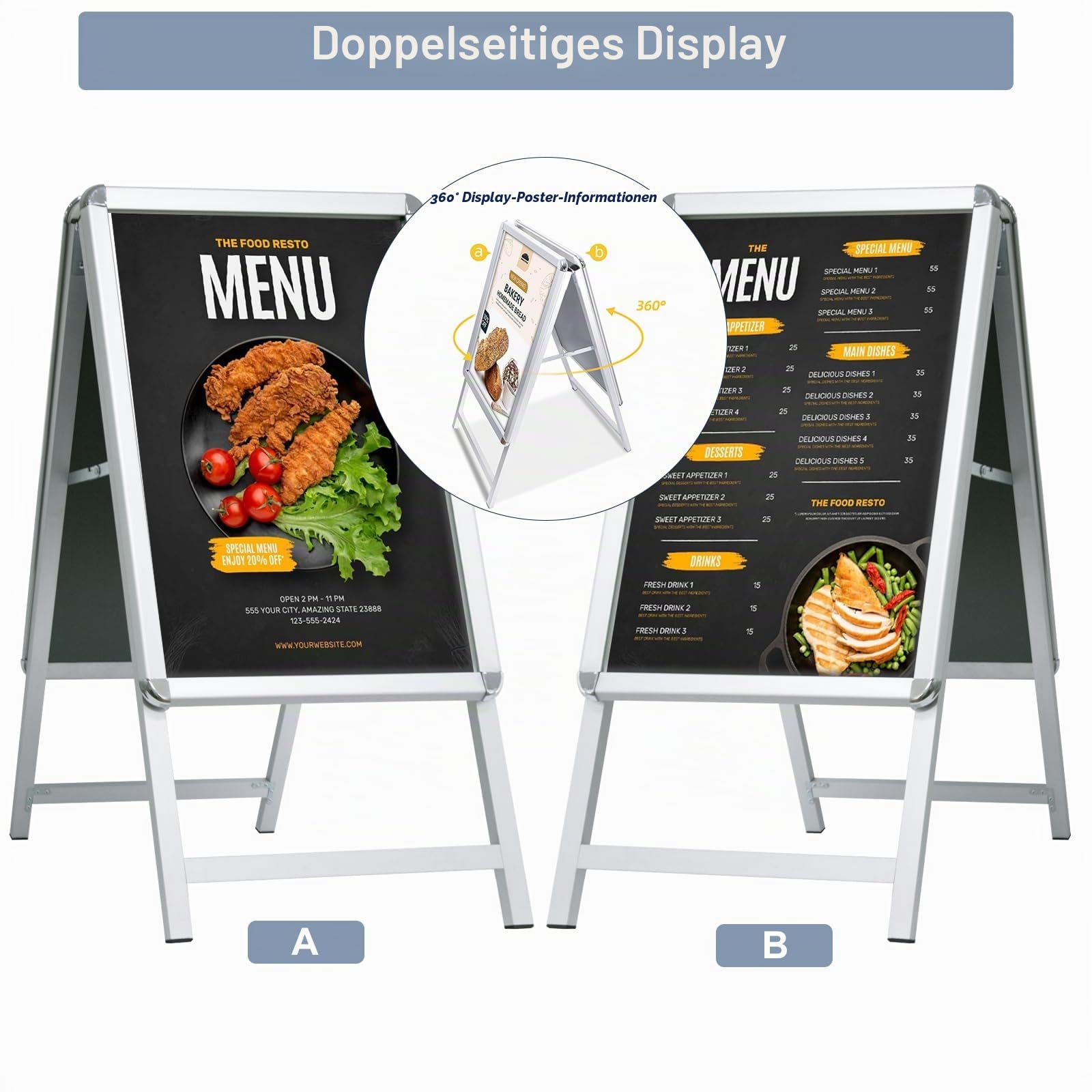 Gehweg-Schilderrahmen mit doppelseitigem Display, A-Board, Posterständer und Schilderhalter für Werbung (Silber-A1)