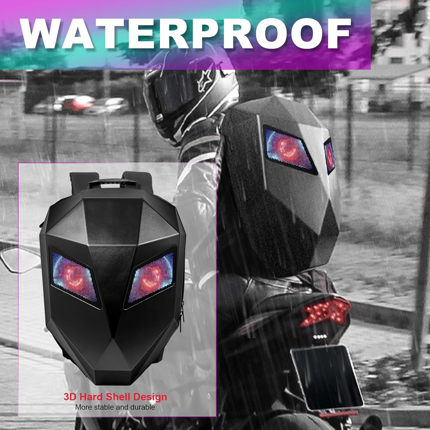 Motorcycle LED Knight Backpack with Full-color screen, Laptop Backpack, DIY programming, Riding Backpack for Store Helmet, Waterproof Luggage Bag for Travelling Camping Cycling