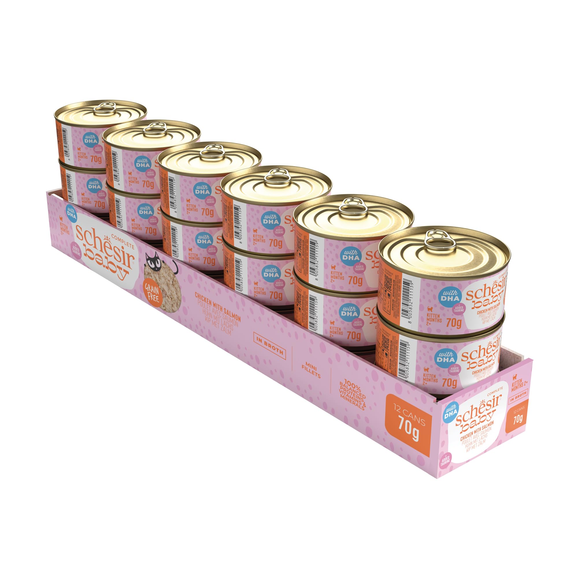 Schesir Baby, goût Poulet et Saumon, Nourriture Humide complète pour Chatons avec DHA et Taurine (12 boîtes de 70 g)