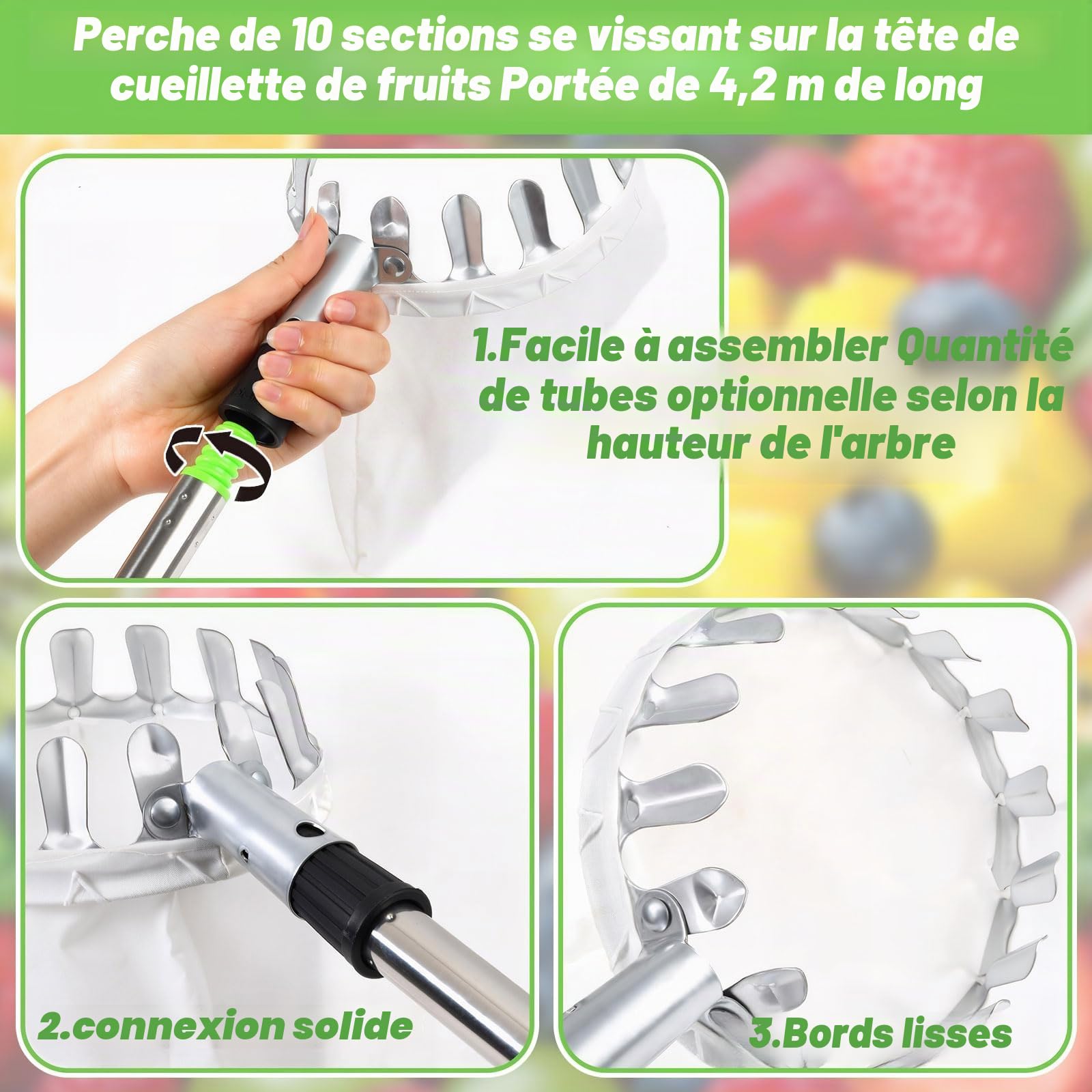 seOSTO Cueille Fruit Télescopique, 4,2M Cueilleur de Fruits Amovible, Ramasse Fruit avec Poteau Réglable Léger et Sac en Coton, Outil Cueillette Jardin Arbre Poires Pêches Ø 160mm