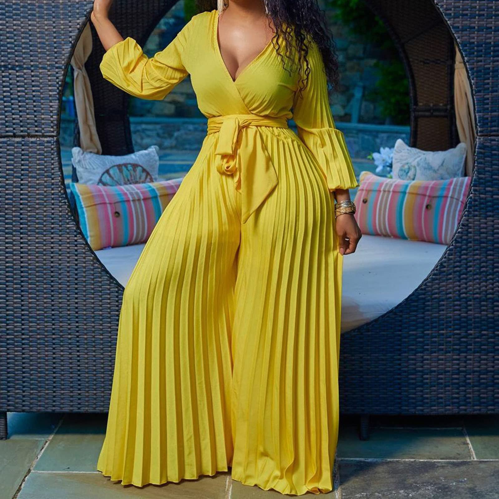 Jumpsuit Damen Elegant Lang, Hosenanzüge Für Damen V-Ausschnitt High Waist Overall Hosenanzüge Große Größen Romper Lose Damen-Overalls Lässige Bequem Overalls Sommer Strand Outfit Kostüm Festlich
