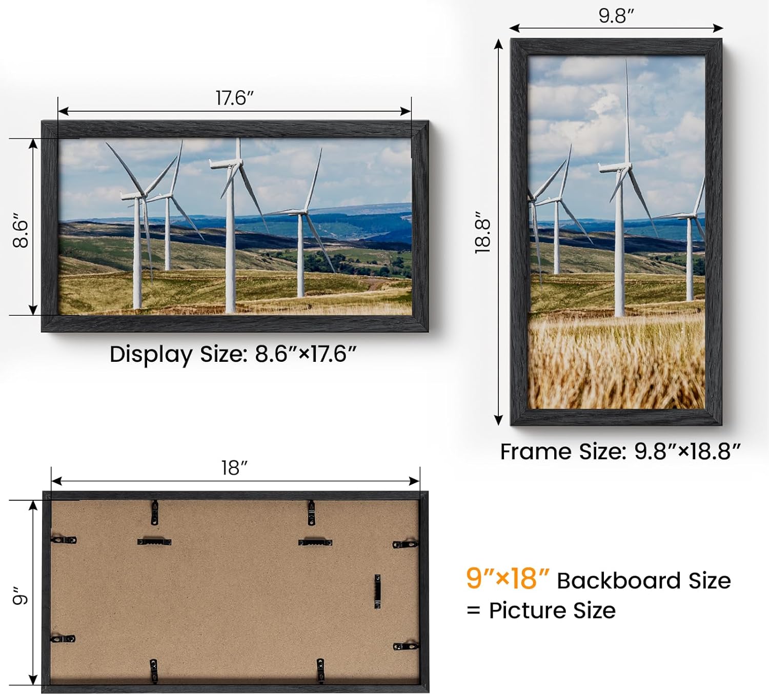 9x18 Picture Frame Oak Wood,9"x18" Black Color Wooden Frames with Tempered Glass,18x9 inch Wall Gallery Poster Frame with No Mat,9 by 18 Frames Horizontal and Vertical for Wall Mounting