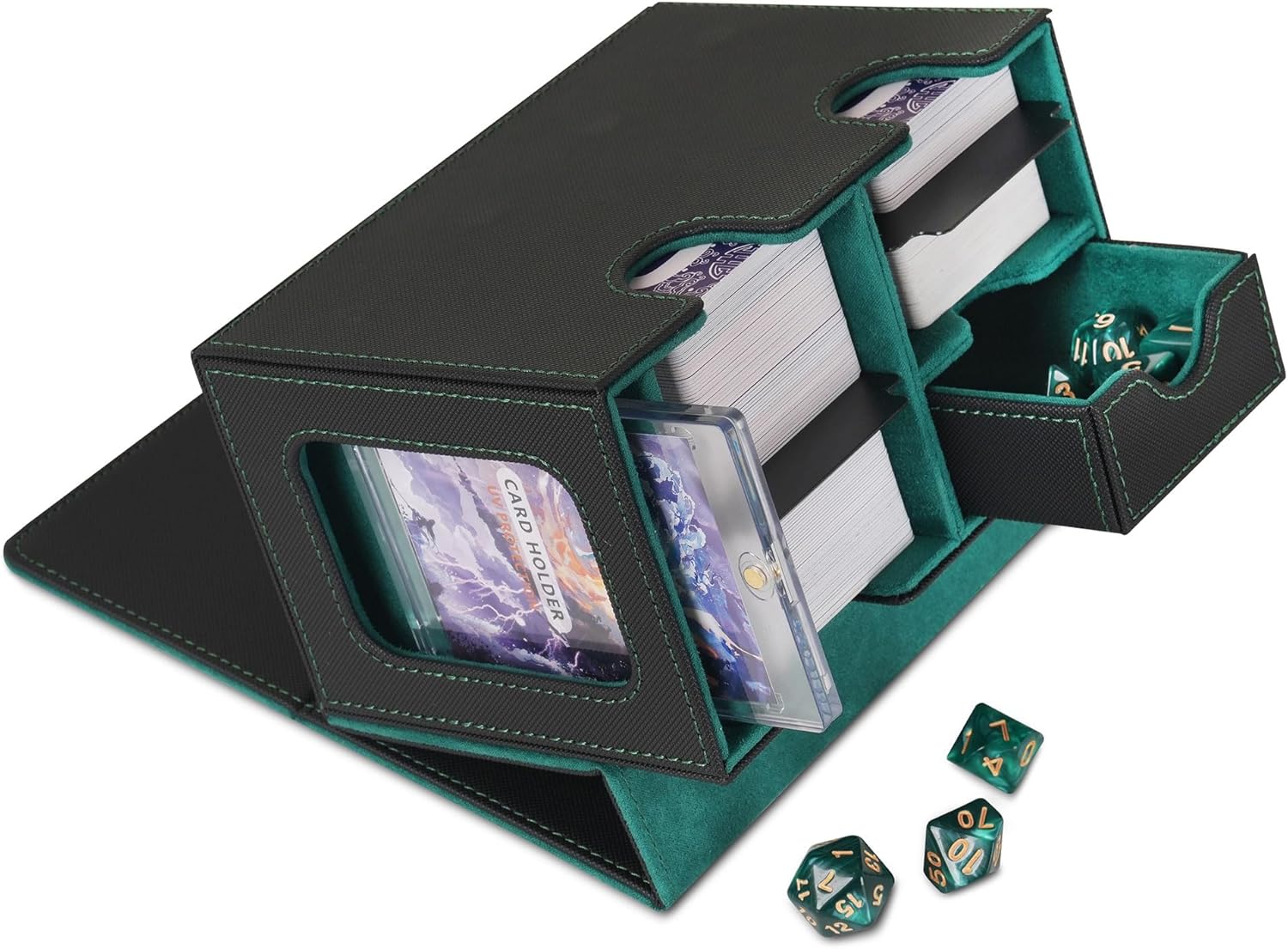 Trading Card Deck Case for MTG Commander Display Fits 400+ Card Storage 3 IN 1 Card Deck Box for MTG TCG Sports Card 35pt Card Brick 7 Dice & Dice Tray