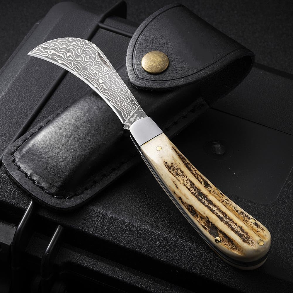 Klappmesser Edc Klein Taschenmesser damast Outdoor aus Natur geweih Neck knife geschmiedet Damaszener Stahl messer Survival Camping Jagdmesser Einhandmesser Scharfe, Damaskus faltmesser, Leder Holster