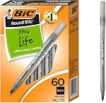 BIC Round Stic Extra Life Ballpoint Pens, School Supplies for Teachers and Students, 60-Count in Black