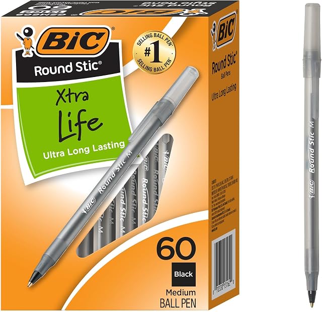 BIC Round Stic Extra Life Ballpoint Pens, School Supplies for Teachers and Students, 60-Count in Black