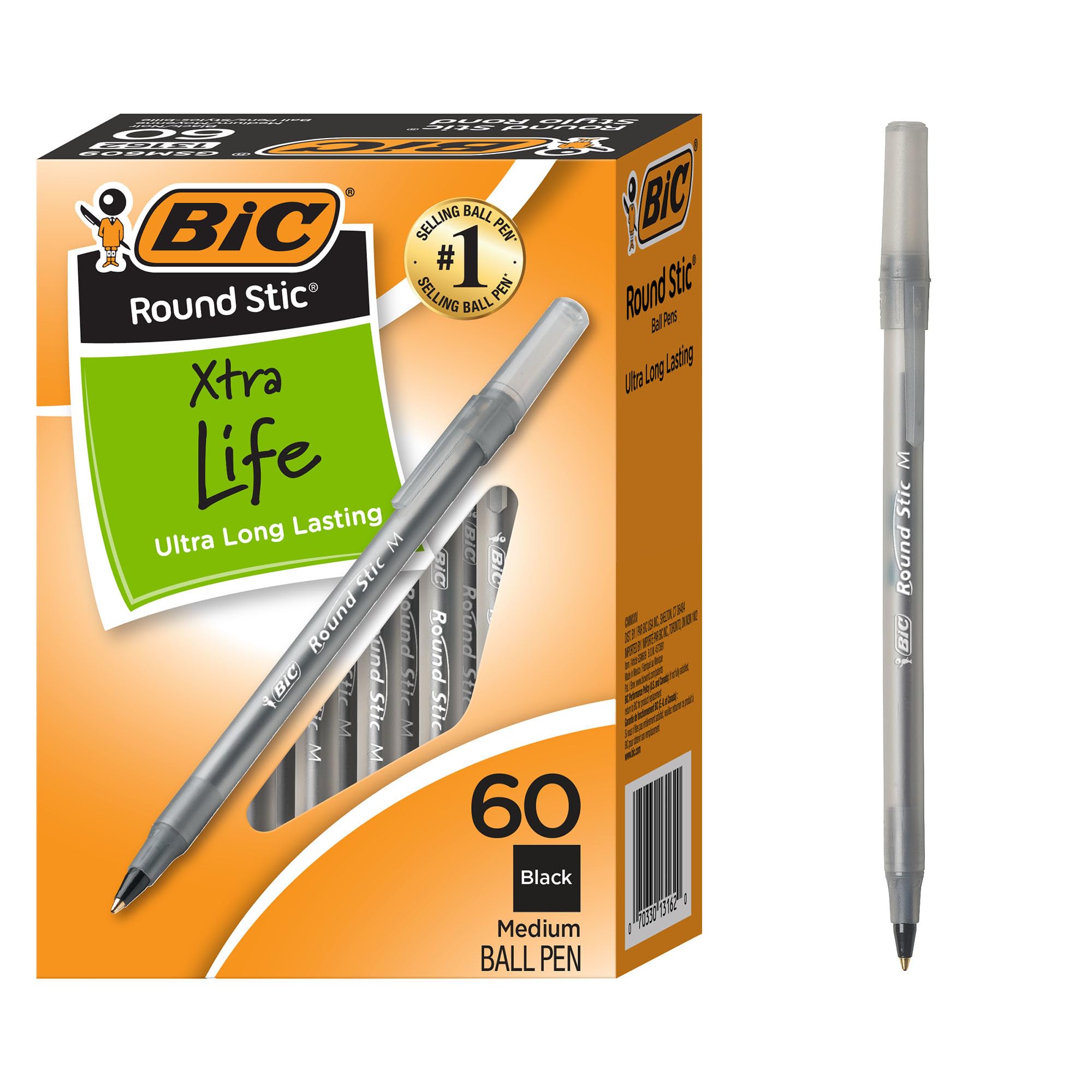 BIC Round Stic Extra Life Ballpoint Pens School Supplies for Teachers and Students 60-Count in Black