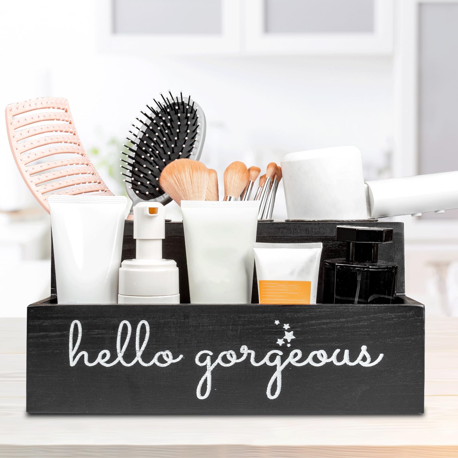 Portasecador de Pelo Madera - Organizador 2 Niveles para Planchas y Cosméticos del Baño,Organizador de Herramientas para el Cabello, Montaje en Pared o Mostrador (Negro)