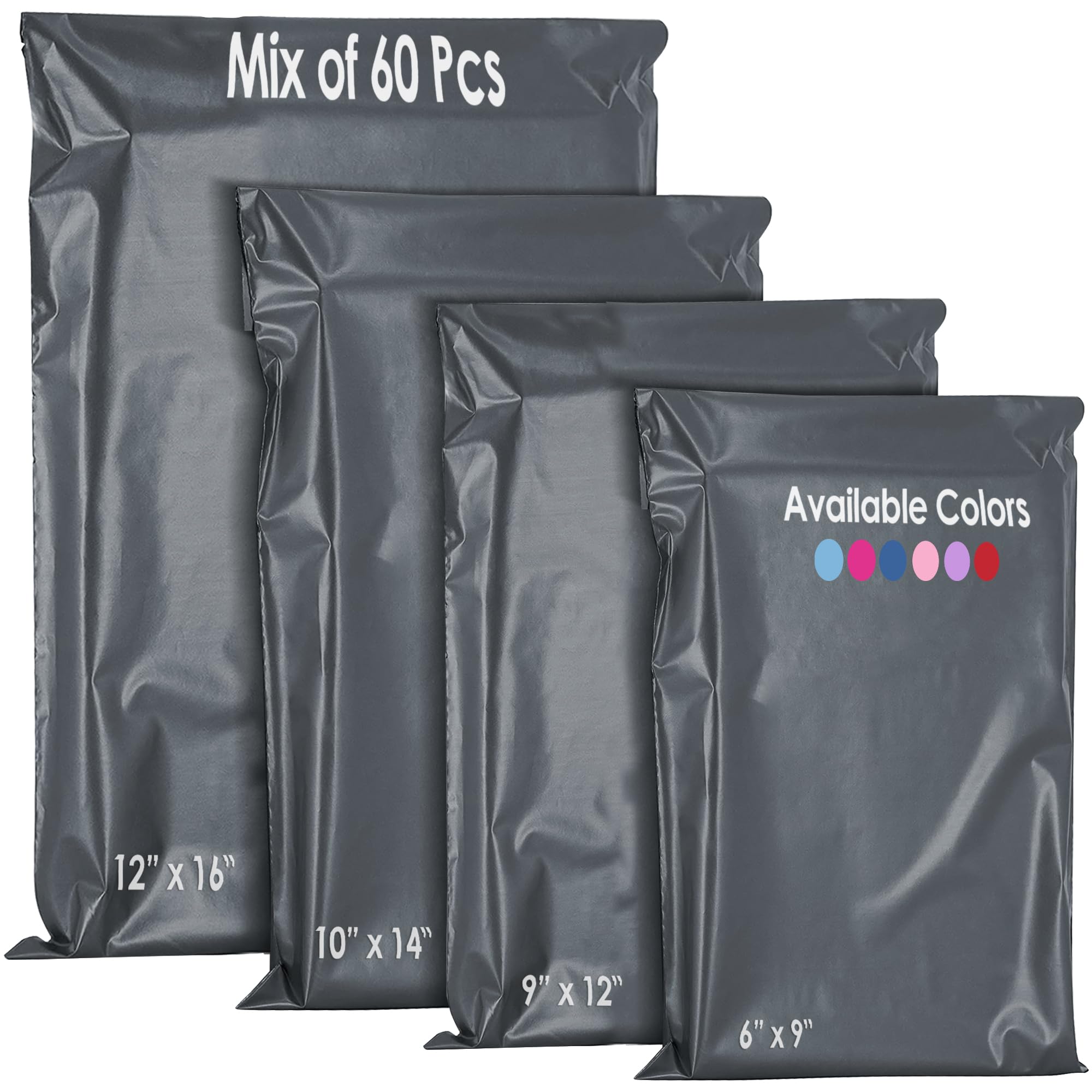 YUNJU 60 Mixed Mailing Postal Self-Seal Closure Plastic Bags - Envelopes for Posting Clothes, Postal, Packaging, Shipping Bags - Tempered Proof, Secure Medium Postage Bags - Mixed Sizes - Grey