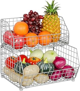 2-Tier Fruit Vegetable Basket Wall-mounted Wire Storage Baskets Detachable Stackable Countertop Bin Kitchen Organizer Pant...