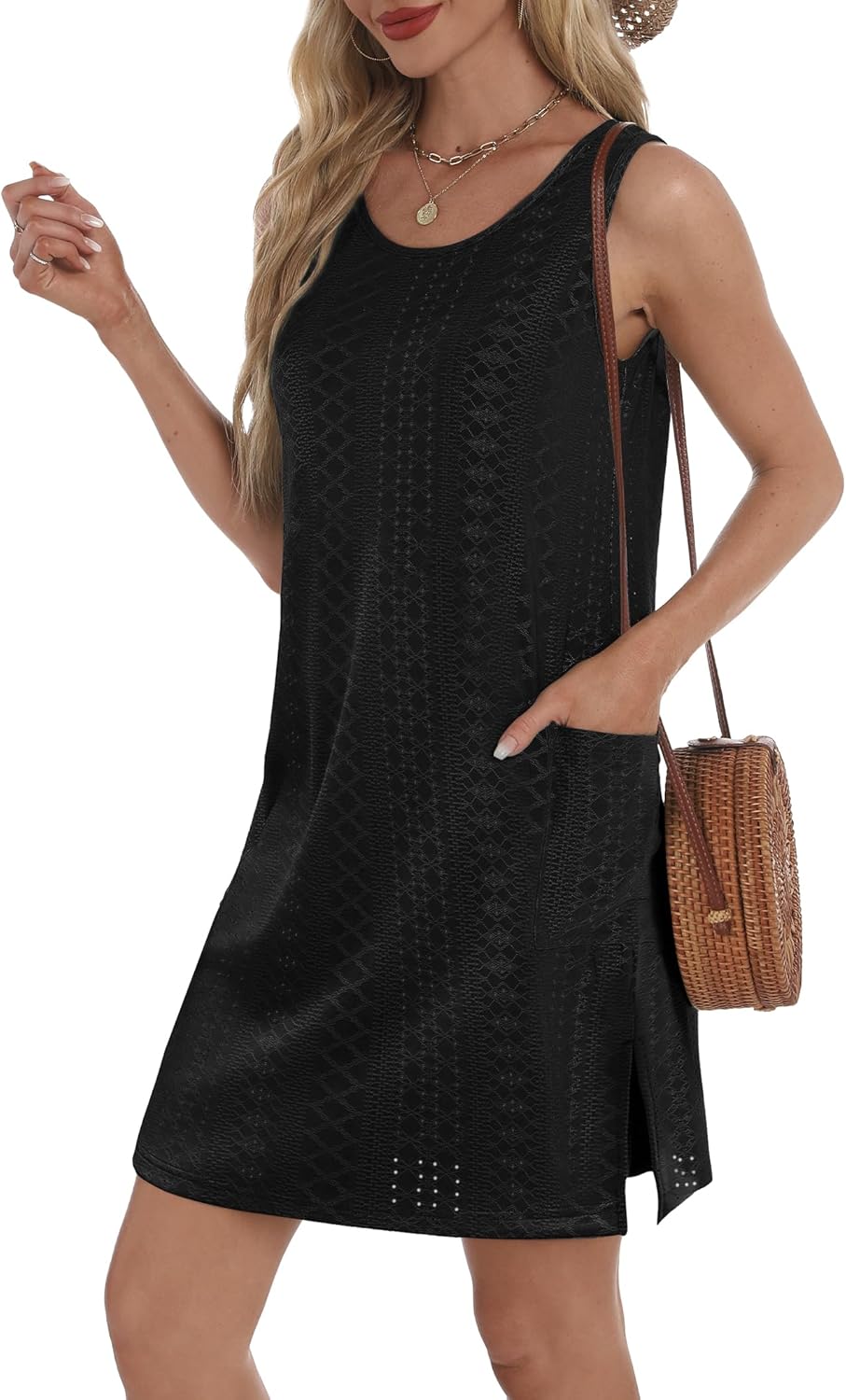 Size M Coverup Summer Dresses for Women 2025 Eyelet Casual Loose Sleeveless Sundresses Tank Dresses with Pockets