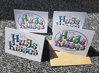 Hugs Kisses xox card set of 4, rainbow multi colour calligraphy lettering art, colourful fun happy colours blank note cards with envelopes.