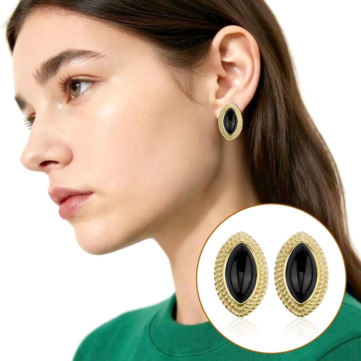 Big Chunky Black/Red Gold Earrings for Women,Vintage Oval Onyx Statement Earrings,Trendy 18K Gold Plated Stud Stainless Steel Hypoallergenic,Lightweight Jewelry Gift for Women - Image 6