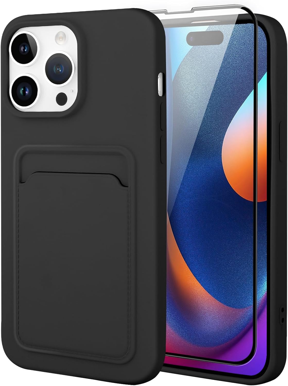 MZELQ Silicone Compatible with iPhone 15 Pro Max Case, Card Holder Camera Protection Cover + Screen Protector, Card Slot Case Designed -Black