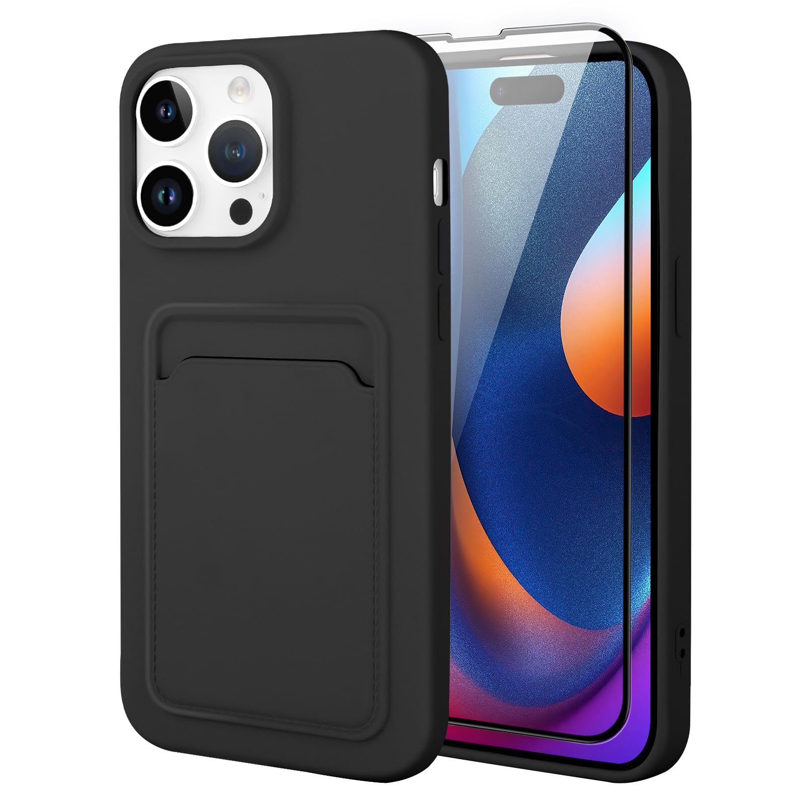 MZELQ Compatible with iPhone 15 Pro Case TPU Card Holder Wallet Cover,Camera Protection + Screen Protector Soft Card Slot Phone Case -Black
